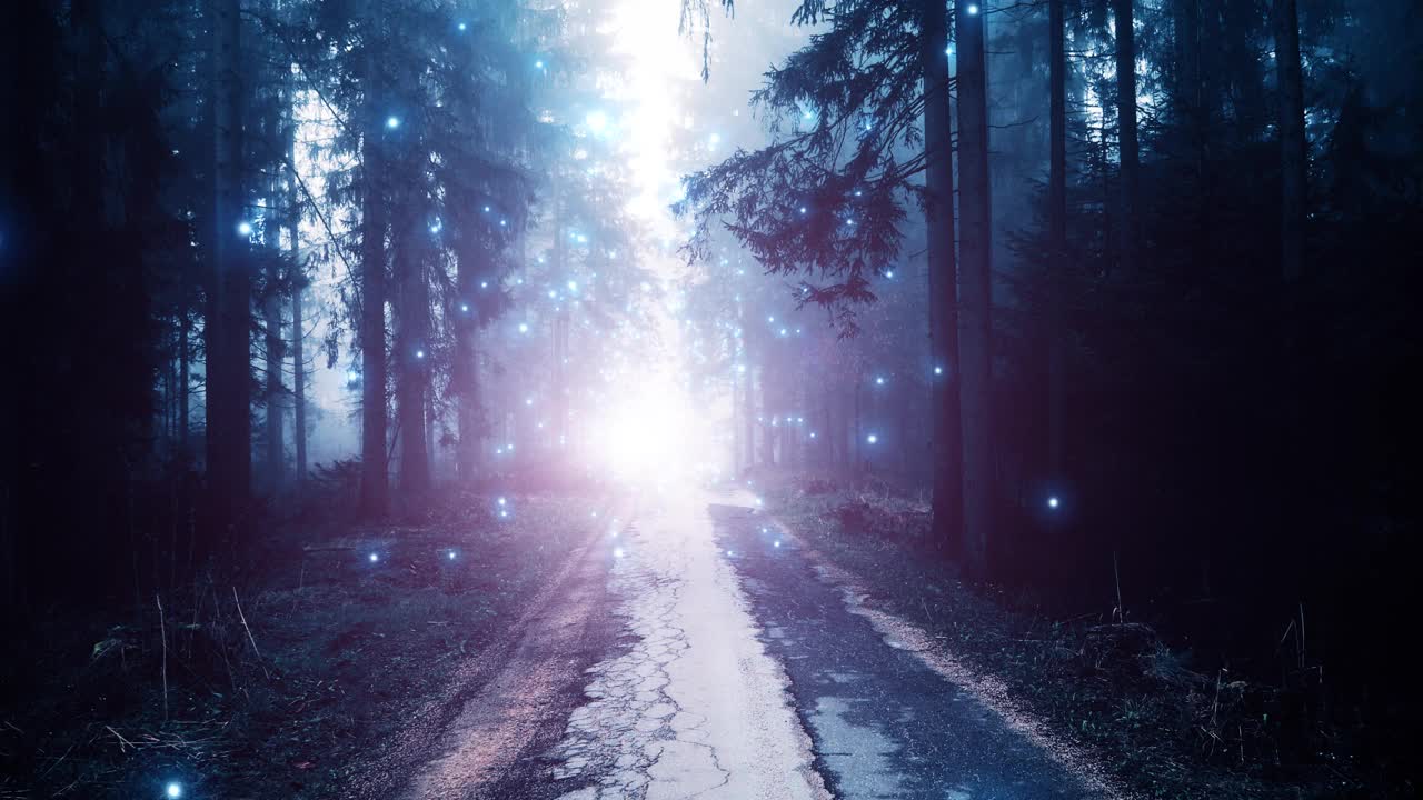 神奇的紫蓝色雾光在童话森林道路与艺术发光萤火虫动画。视频素材