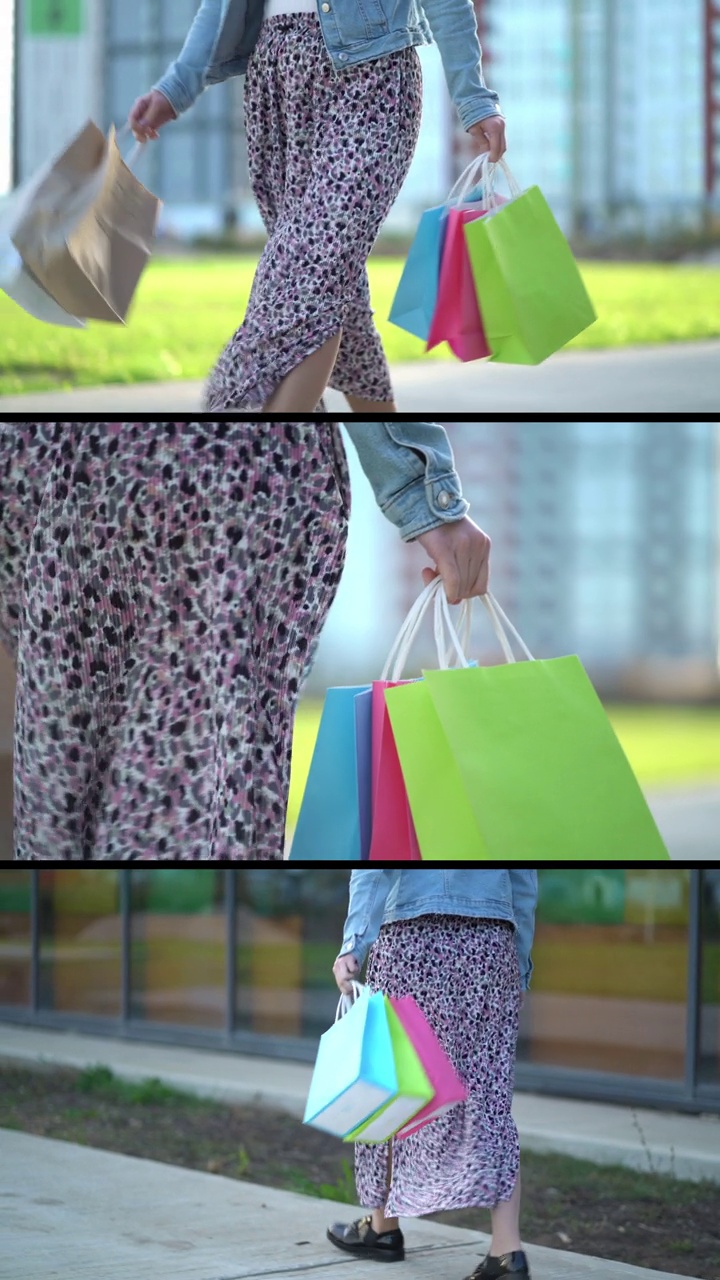 一个视频中的拼贴图，一个女人在购物中心用纸袋购物后在城市里走来走去。视频下载