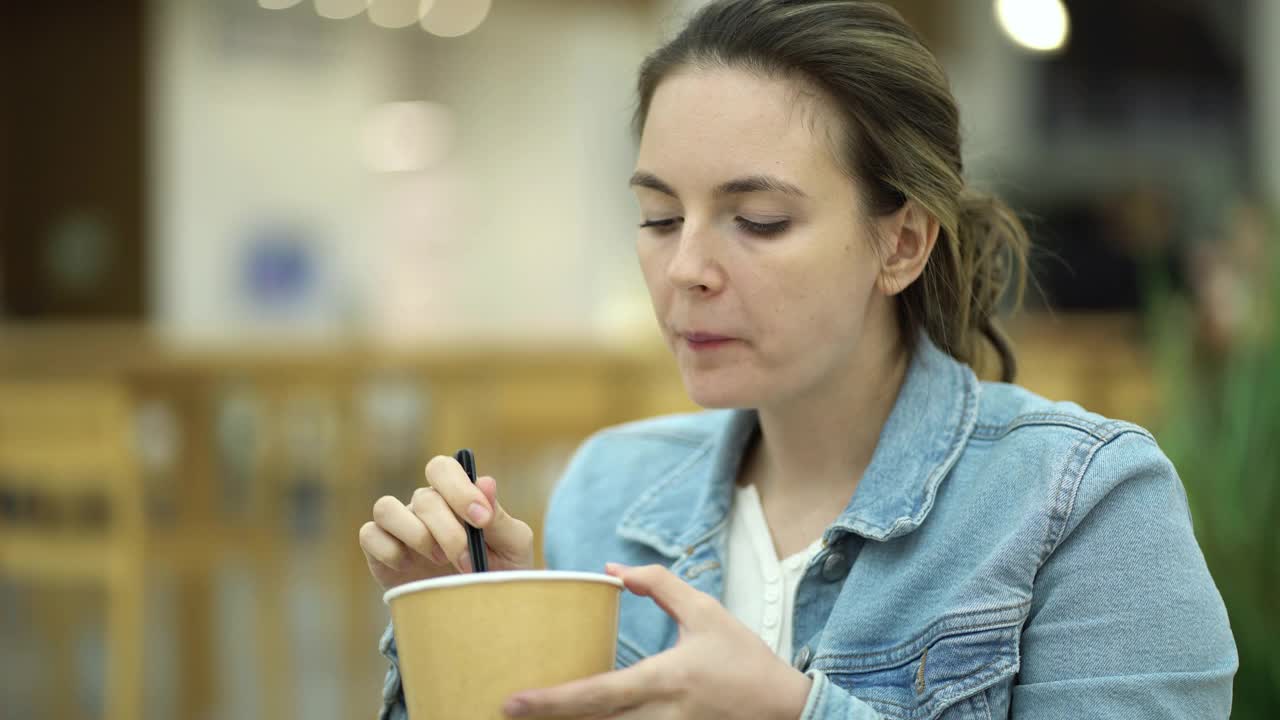 美食广场的女人用纸器皿吃凯撒沙拉。一位商务女士正在午休。视频下载