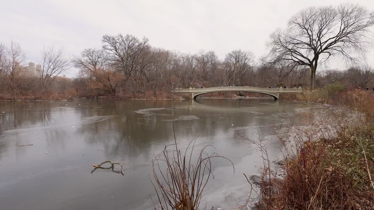 这是美国纽约市中央公园的镜头，拍摄于冬季，寒冷的冬天，湖面结冰，背景是著名的弓桥。视频素材