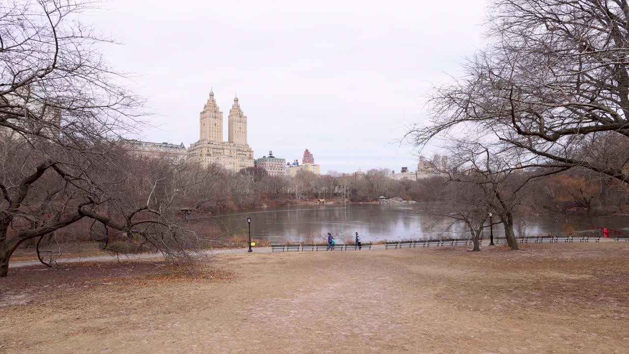 美国纽约市中央公园的镜头，拍摄于冬季，背景是圣雷莫合作公寓大楼和寒冷冬日的冰冻湖泊视频素材