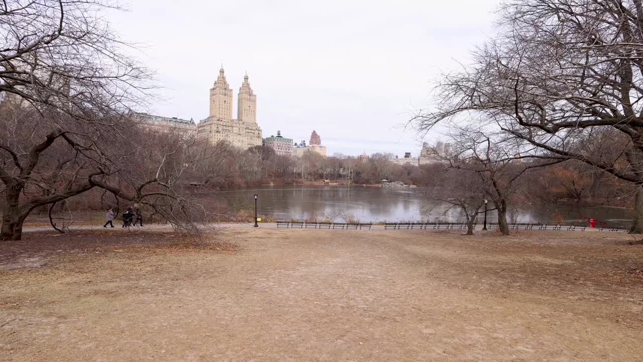 美国纽约市中央公园的镜头，拍摄于冬季，背景是圣雷莫合作公寓大楼和寒冷冬日的冰冻湖泊视频素材