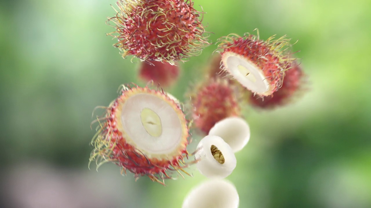 飞红毛丹和红毛丹片在绿色花园果园闪亮的背景视频下载