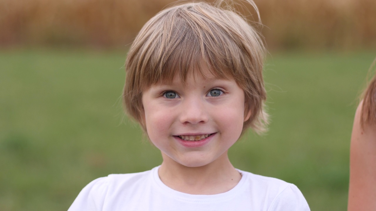 可爱的微笑孩子男孩肖像摆上自然-快乐的童年视频素材