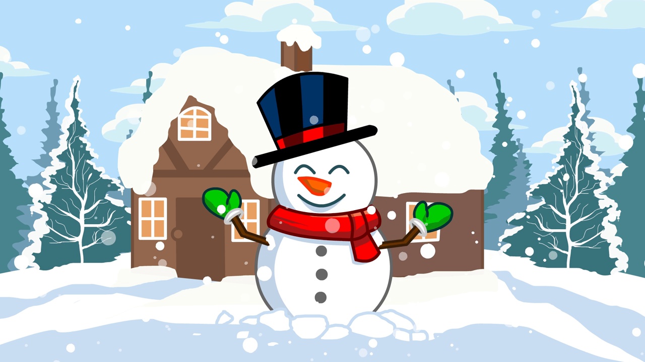 动画雪人和冬天的景色与飘落的雪，圣诞快乐。视频下载