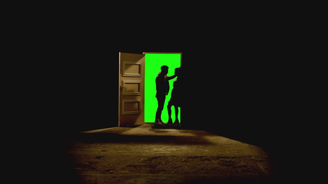 侧视图的夫妇站在对面，看着对方在一扇敞开的门后面的黑暗。镜头中，一对夫妇站在带有绿色屏风的门附近的地板上。梦想或浪漫的概念视频素材