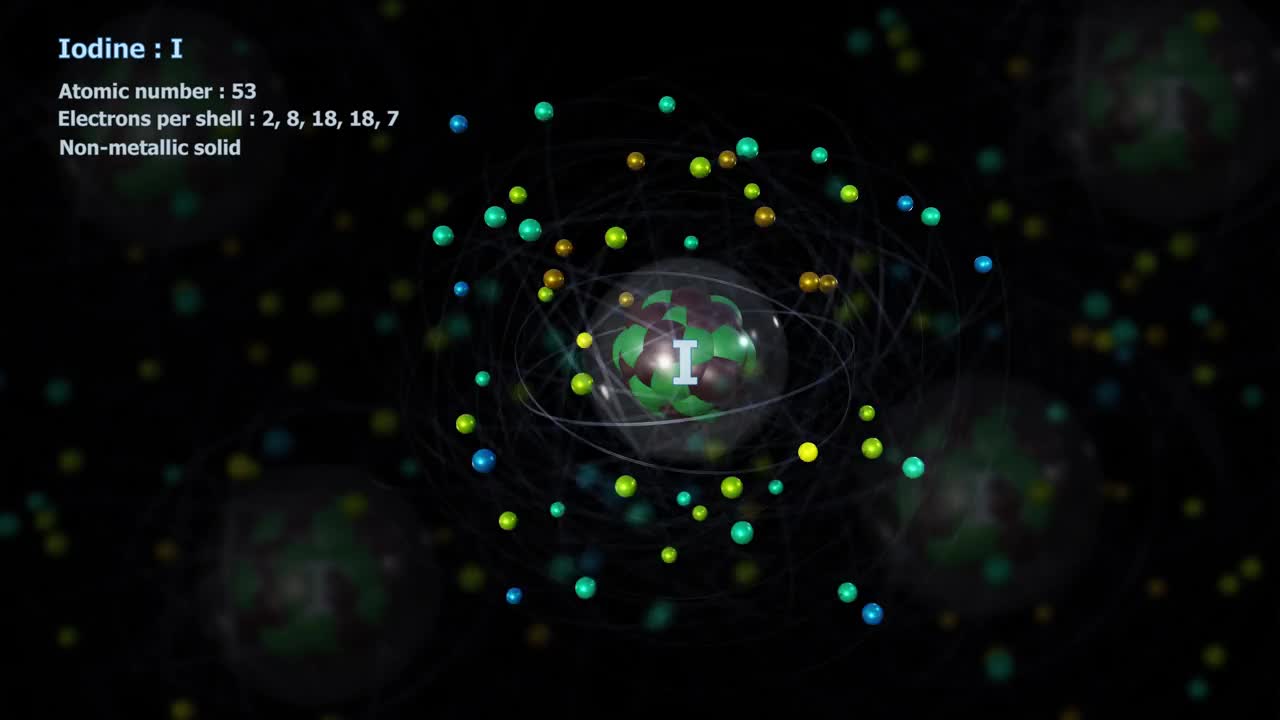 碘原子有53个电子，与原子作无限轨道旋转视频素材