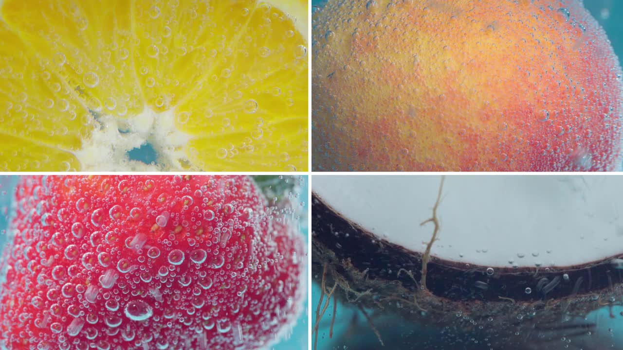 水果在水中的拼贴特写，宏观。橘子，桃子，草莓，椰子视频下载