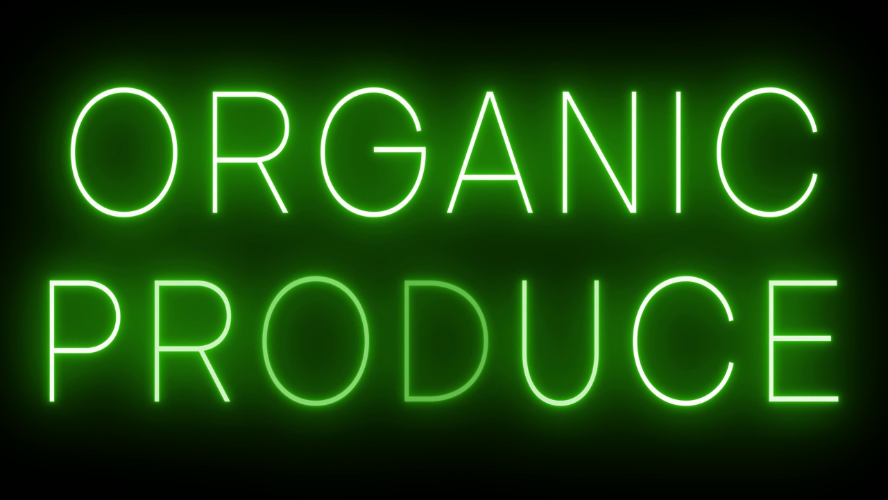 发光的绿色复古霓虹灯标志有机农产品视频下载