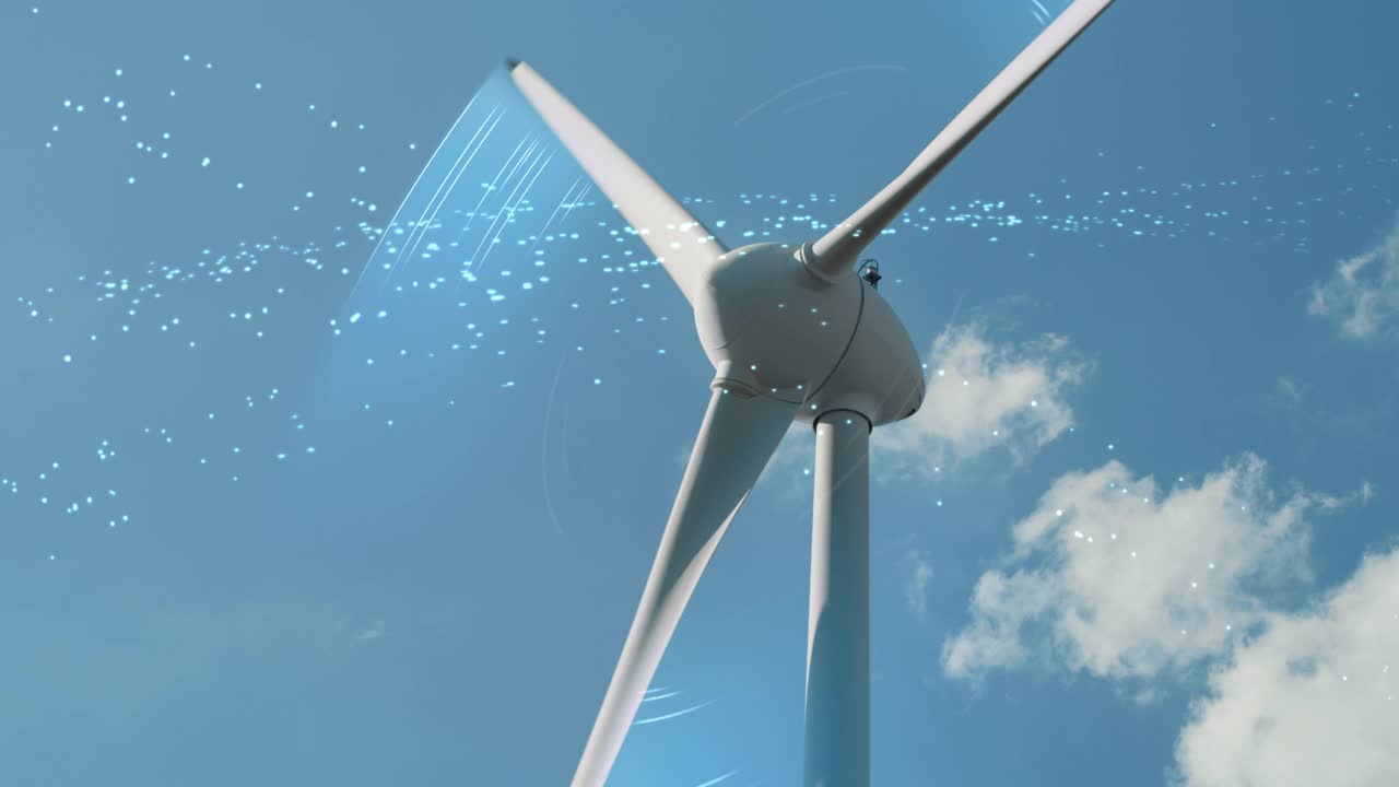 风力涡轮机旋转的静态镜头，为城市产生清洁电力。可持续能源风车发电。视觉特效图形动画可视化气流移动叶片。视频下载