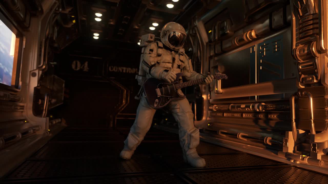 空间的概念。宇宙飞船上的宇航员以地球为背景弹吉他。太空服。开放空间。视频下载