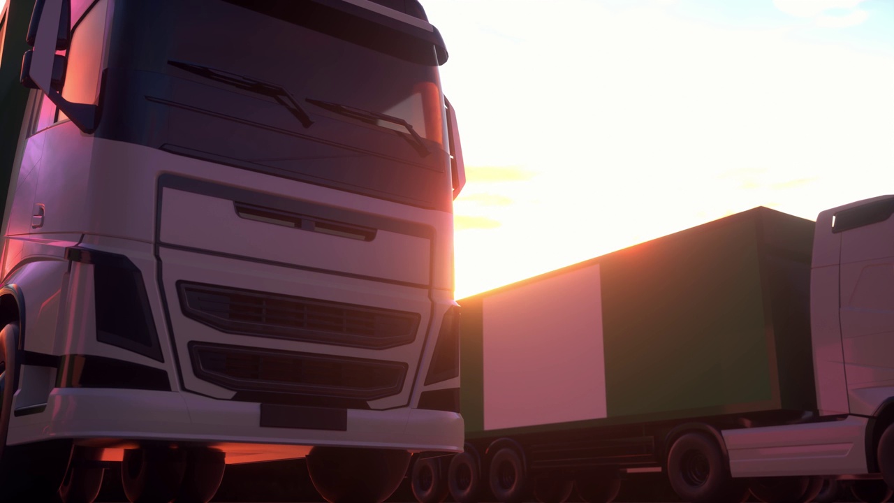 悬挂尼日利亚国旗的货车。来自尼日利亚的卡车在仓库码头装卸货物视频素材
