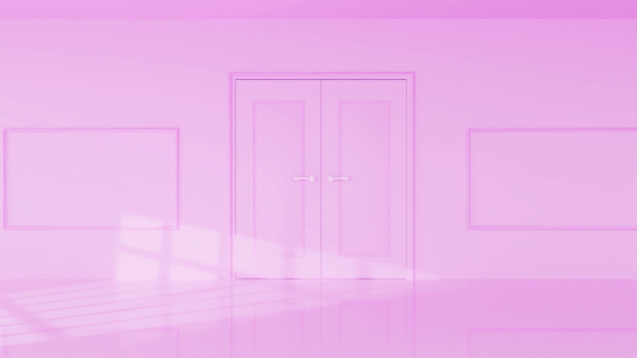 粉色房间的门打开了，一束明亮的光芒照在他们身后，镜头移到门口，极简设计，3d渲染视频下载