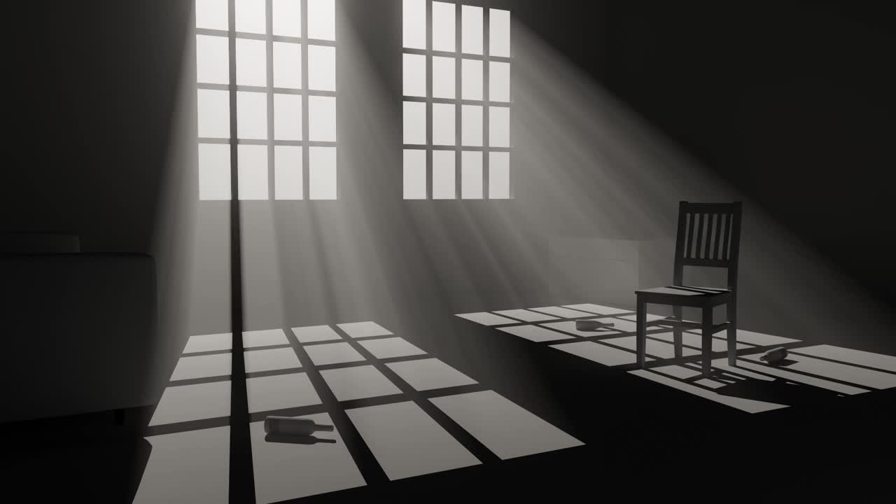 一张孤独的椅子立在黑暗的房间中间，空瓶子躺在地板上，明亮的光线照亮了房间，3d动画视频下载