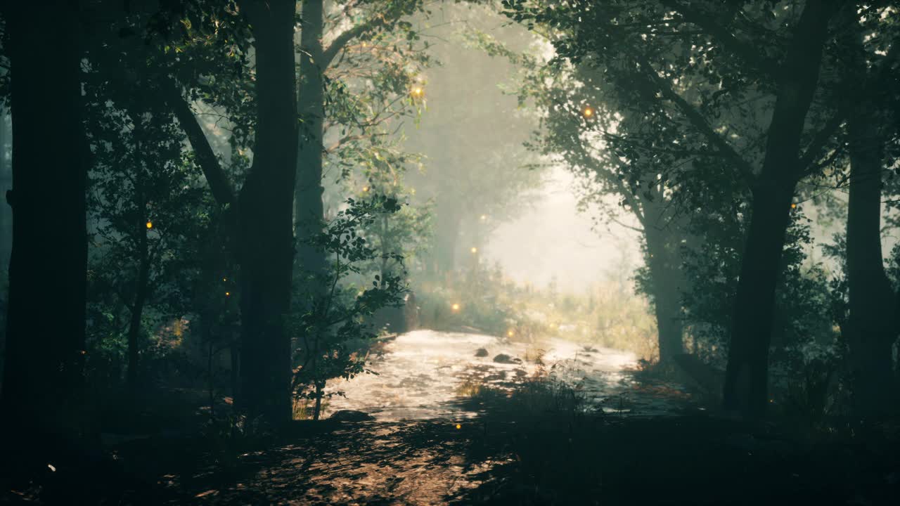 神秘的森林，有雾，在树后闪闪发光视频素材