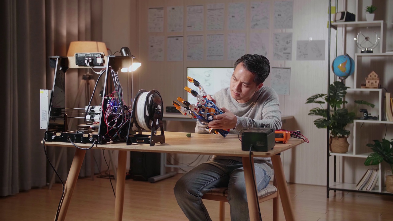 亚洲男性用3D打印修复半机械人的手在家里视频下载
