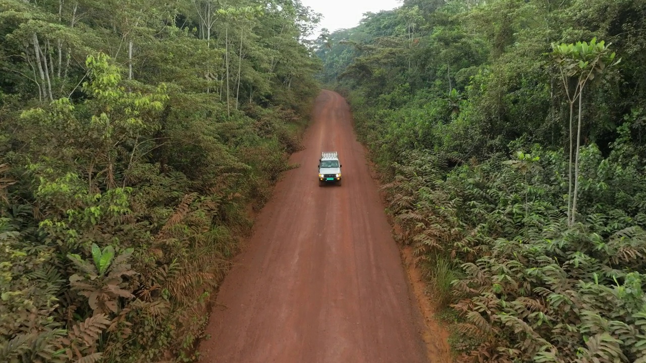 在非洲中部的热带雨林，一辆汽车在伐木路上经过一个小村庄的鸟瞰图视频素材