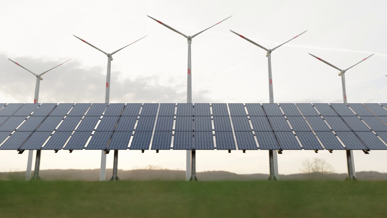 太阳能电池板，风车，在大自然中从空气和太阳发电，可再生替代能源，生态。未来，最新的技术建设新的车站视频下载