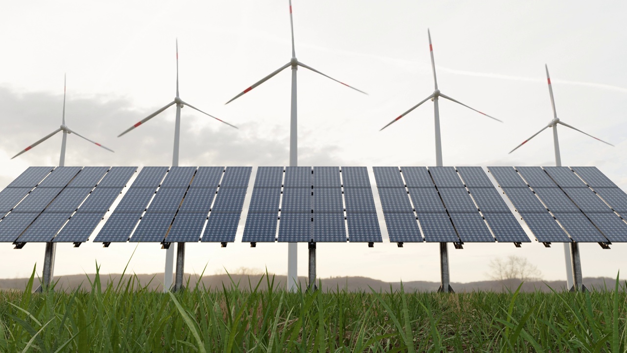 太阳能电池板，风车，在大自然中从空气和太阳发电，可再生替代能源，生态。视频下载