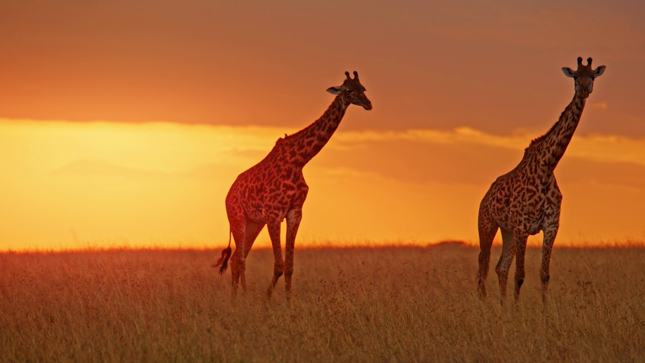 长颈鹿走在阳光灿烂的金色田野，日出的天空下视频素材