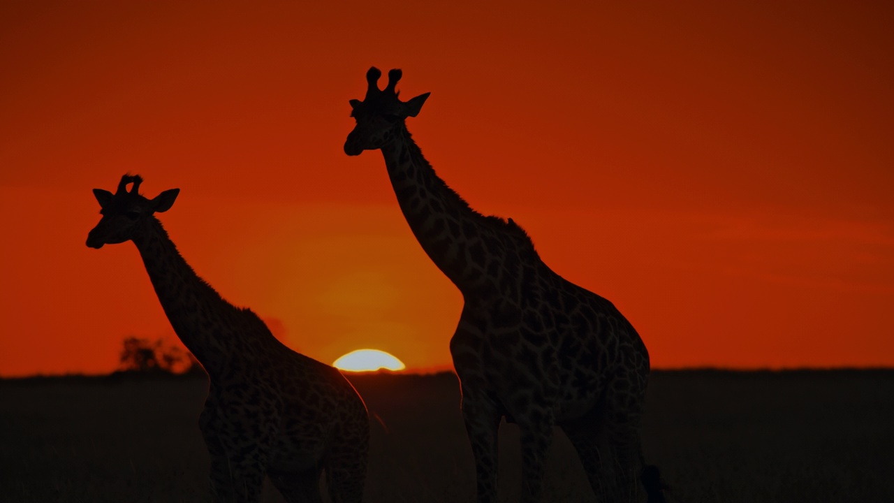 日出时在宁静的自然保护区散步的长颈鹿剪影视频素材