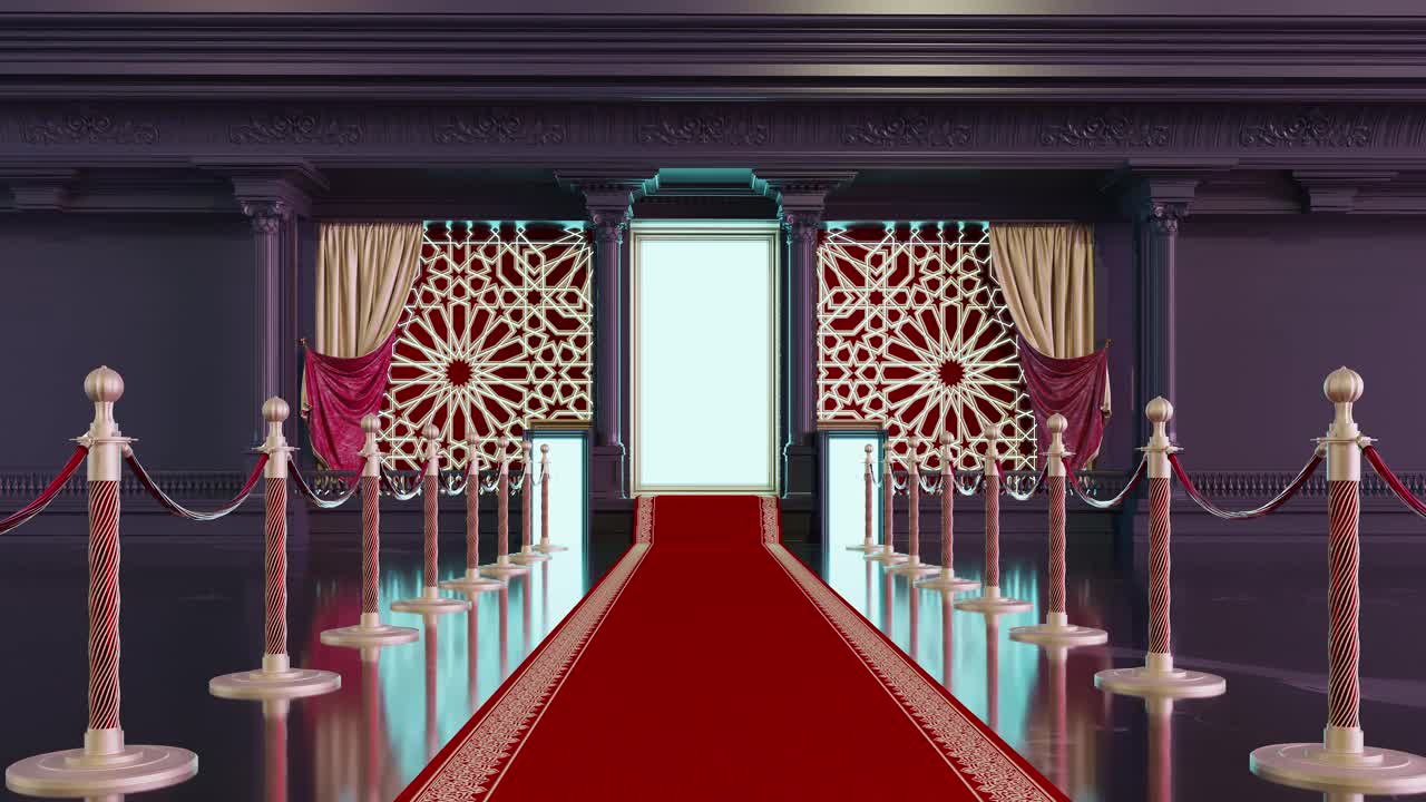 红地毯和柱子，红绳子和阿拉伯图案通向闪亮的门，4K动画视频下载