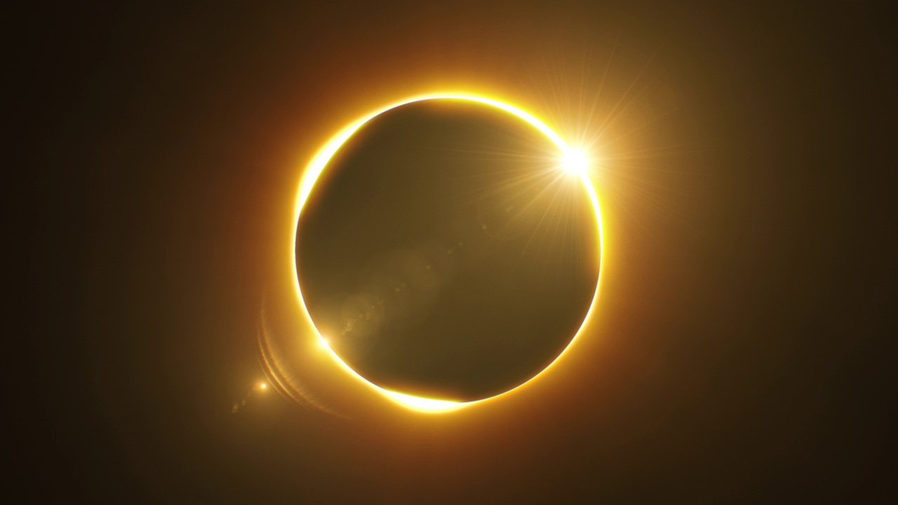 日全食循环3d动画。发光明亮的日食与金色光线无缝。月亮遮住太阳。科学概念视频下载