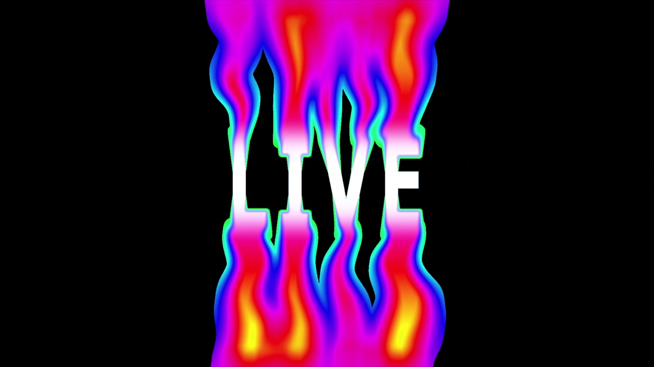 live这个词是按照地狱般的动画风格制作的。文字在彩色的火焰中燃烧。4k分辨率的动态排版视频下载