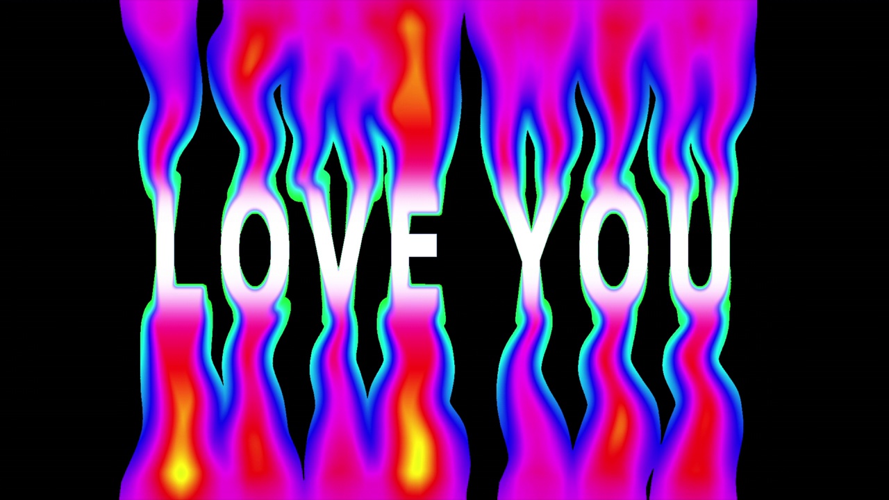 “爱你”这个词是用地狱般的动画制作出来的。文字爱你燃烧在彩色的火焰。4k分辨率的动态排版视频下载