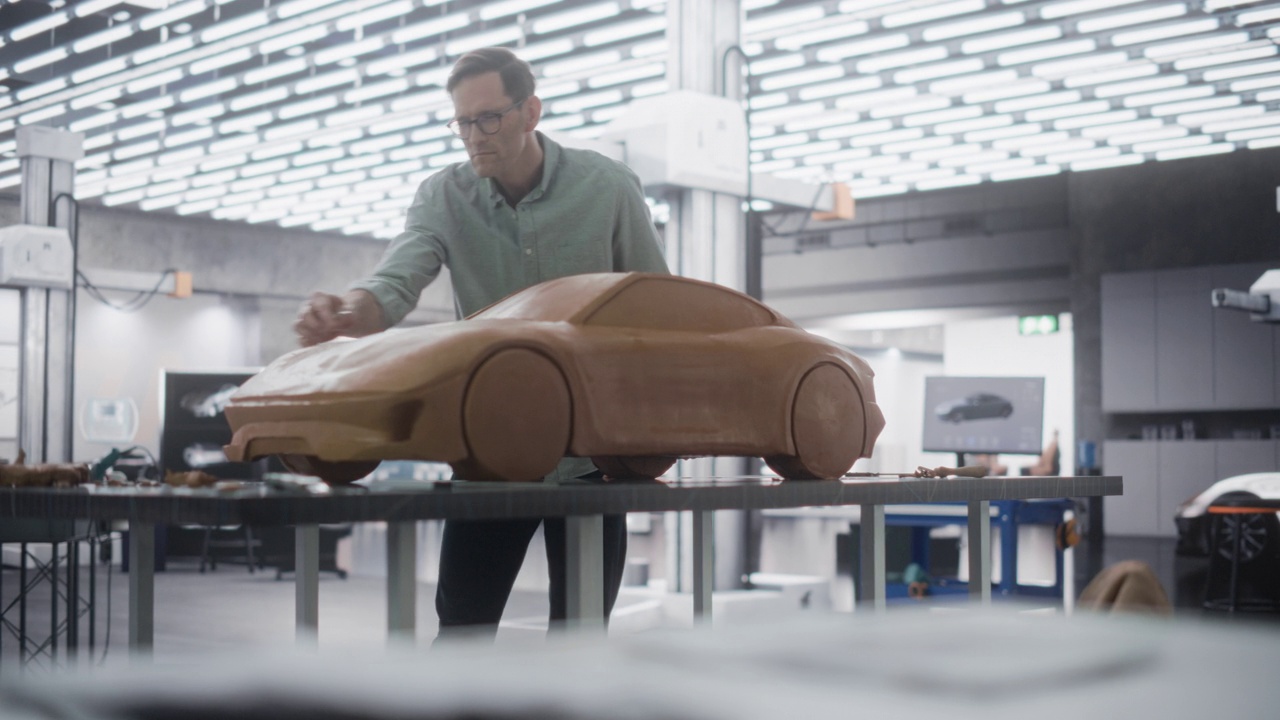 汽车设计师使用抹刀雕刻出聚合物建模粘土的原型车。英俊的建模师在汽车生产厂的研发工作室工作视频下载