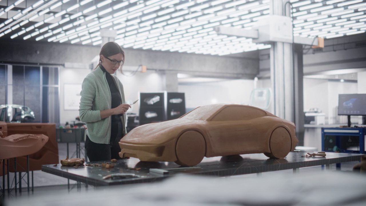 汽车模型师进入创意工作场所，用橡皮泥建模粘土制作概念车。女设计师使用抹刀光滑的原型模型的现代电动跑车视频素材