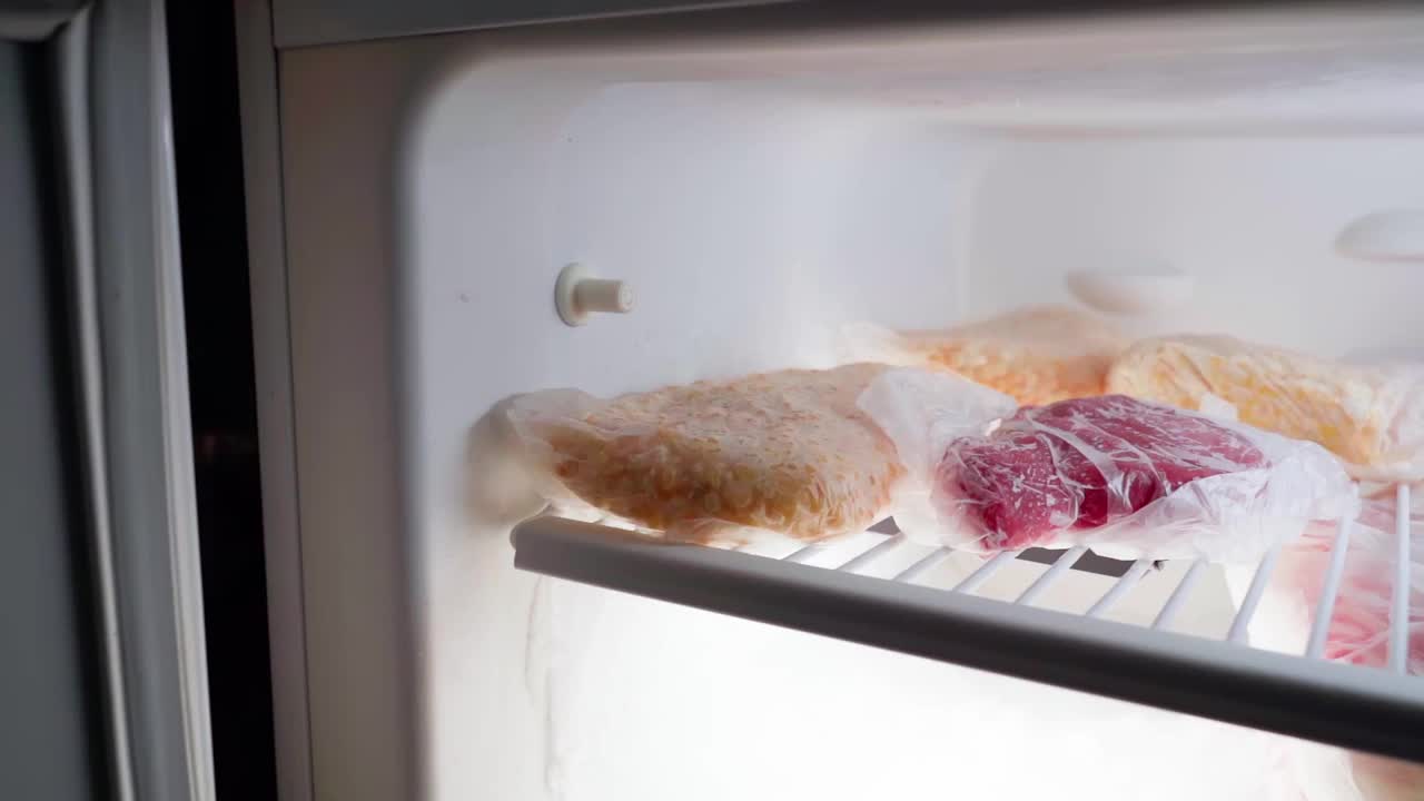 照相机飞进冰箱的冰柜里。产品包装在透明塑料袋储存。肉类和玉米视频素材