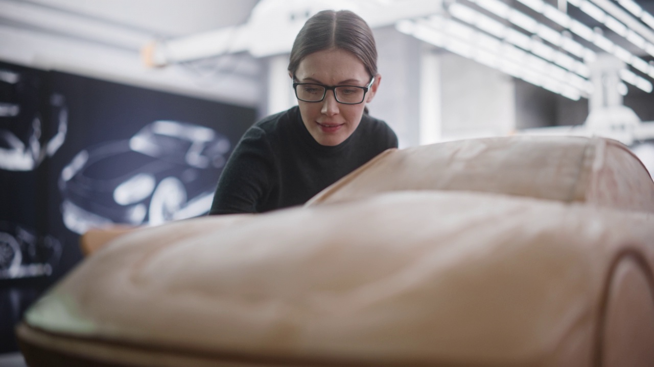 近距离肖像的汽车设计师雕刻一个新的生产汽车的3D粘土模型。年轻女性使用抹刀小心地光滑表面的原型概念车视频素材