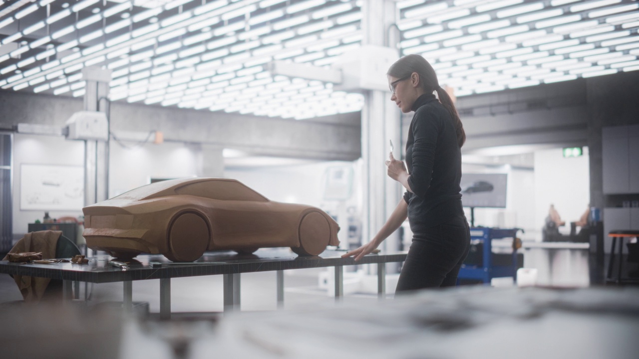 一个有创意的女性汽车模型师的肖像，正在用橡皮泥建模粘土制作概念车。天才设计师使用抹刀平滑的原型模型的现代电动汽车视频素材