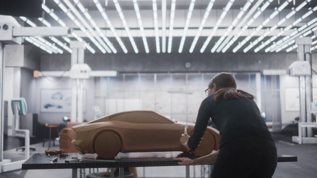 女性汽车设计师的肖像雕刻一个新的生产汽车的3D粘土模型。年轻女子使用抹刀仔细修剪表面的原型概念车视频素材