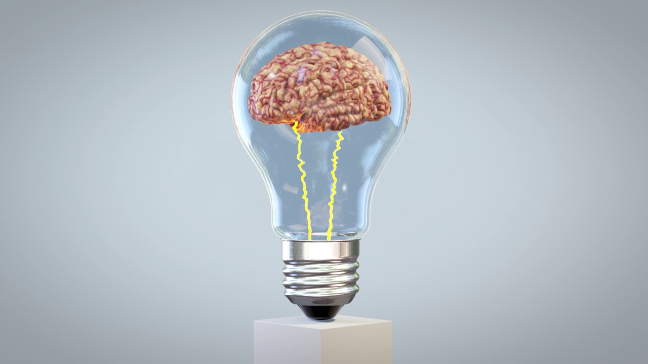 3d大脑在灯泡内旋转，伟大的思想概念，循环视频素材