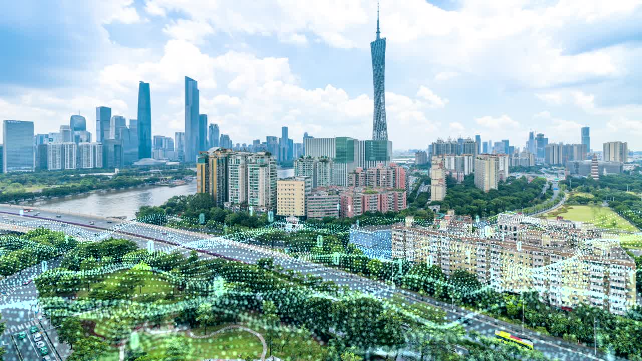 T/L哈图广州天际线与科技大数据概念。广州,中国视频素材