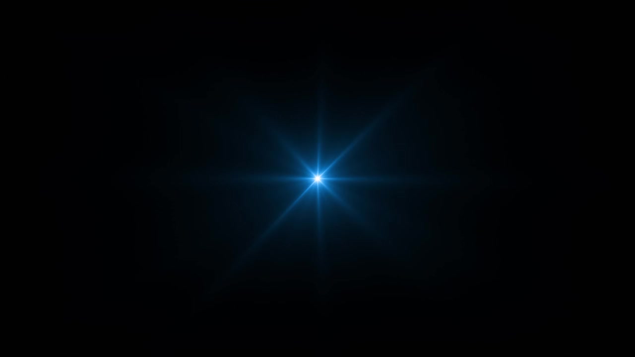 摘要似乎环蓝色辉光星光条纹光学耀斑闪耀射线旋转动画在黑色背景上的屏幕项目叠加。视频素材