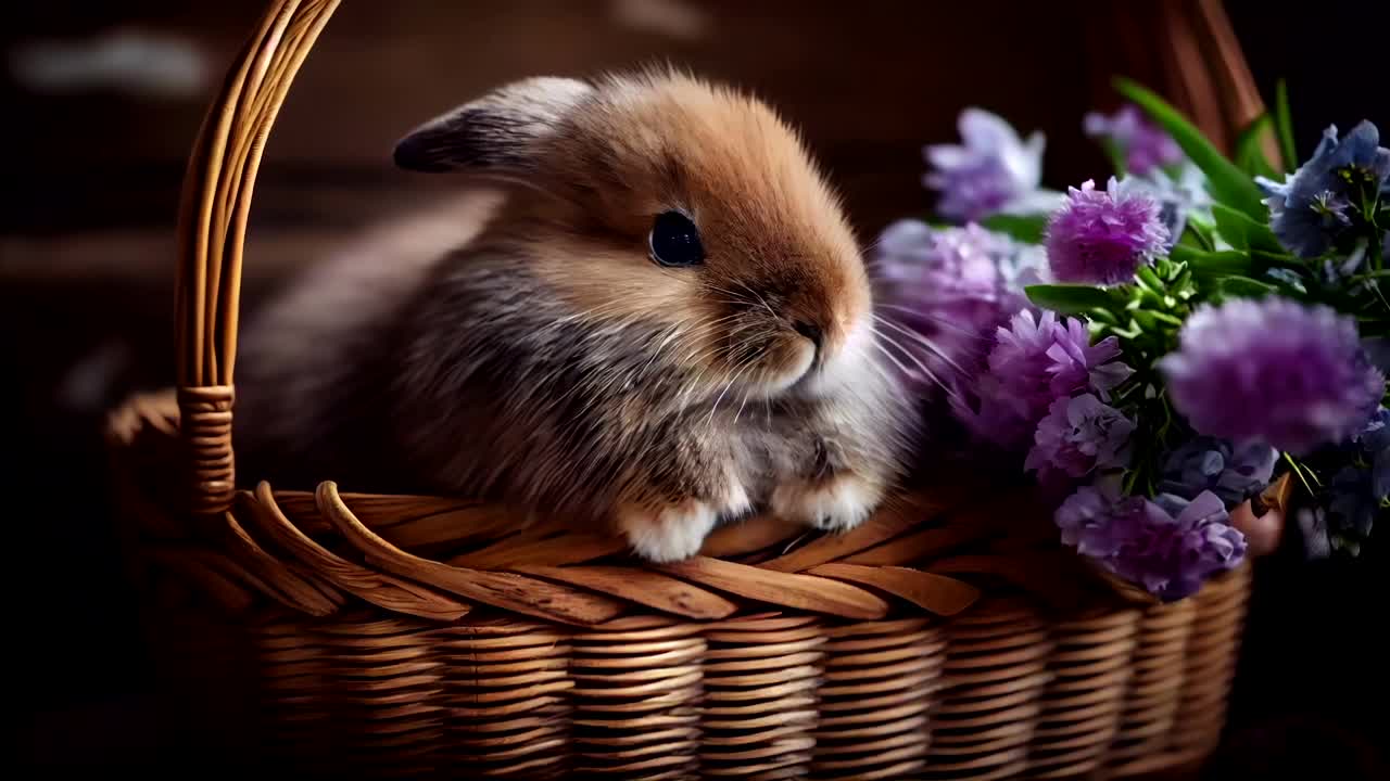 一只棕色的兔子在篮子里视频下载