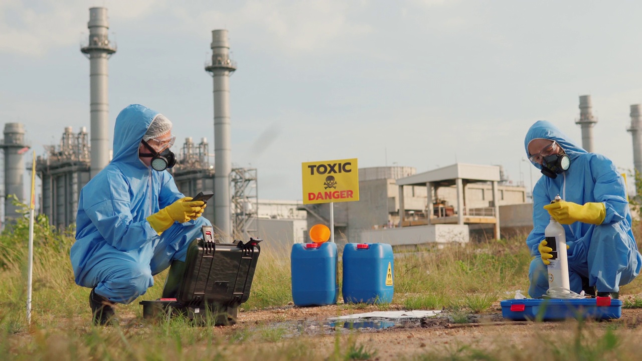 污染控制小组穿着个人防护服和口罩，在工厂附近清理漏油视频素材