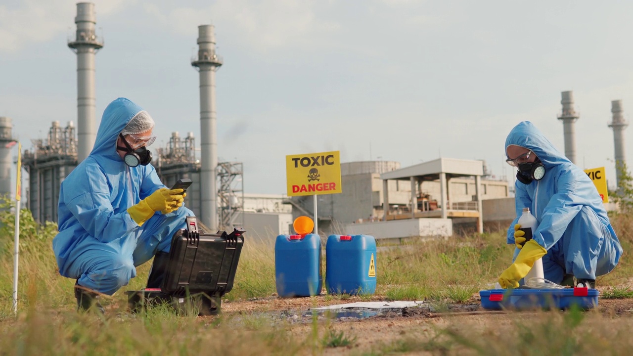 污染控制小组穿着个人防护服和口罩，在工厂附近清理漏油视频素材