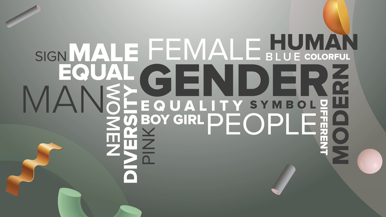 性别标签排版概念背景，女人，男人，人，人类，男性，女性，彩色，粉色，蓝色，相等，动画背景4K视频素材