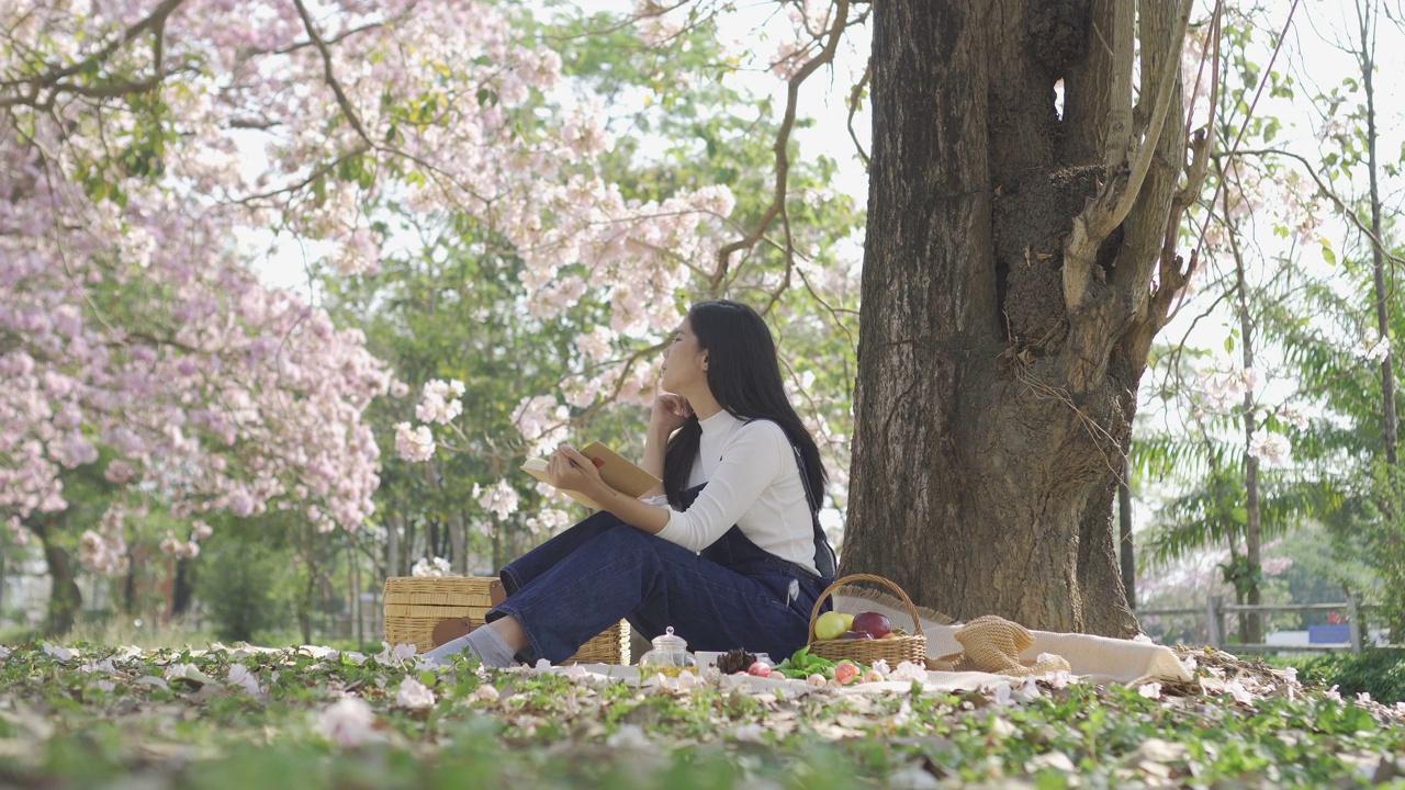 年轻漂亮的女人坐在公园里看书。视频下载