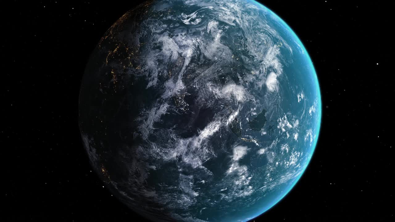 突出显示的索马里黑暗地图，通过4K照片真实动画地球从太空放大，全景包括非洲、西欧和美国。史诗旋转的世界动画，现实的行星地球，高光，卫星，空中视频下载
