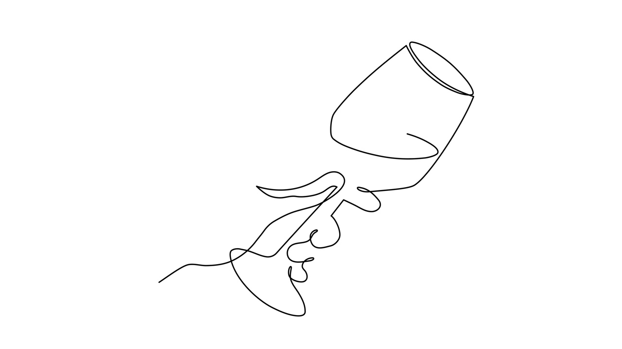 手握酒杯的一线动画艺术，连续绘制轮廓运动。干杯祝酒视频手绘节日装饰，浪漫情人节设计。4 k的电影视频下载