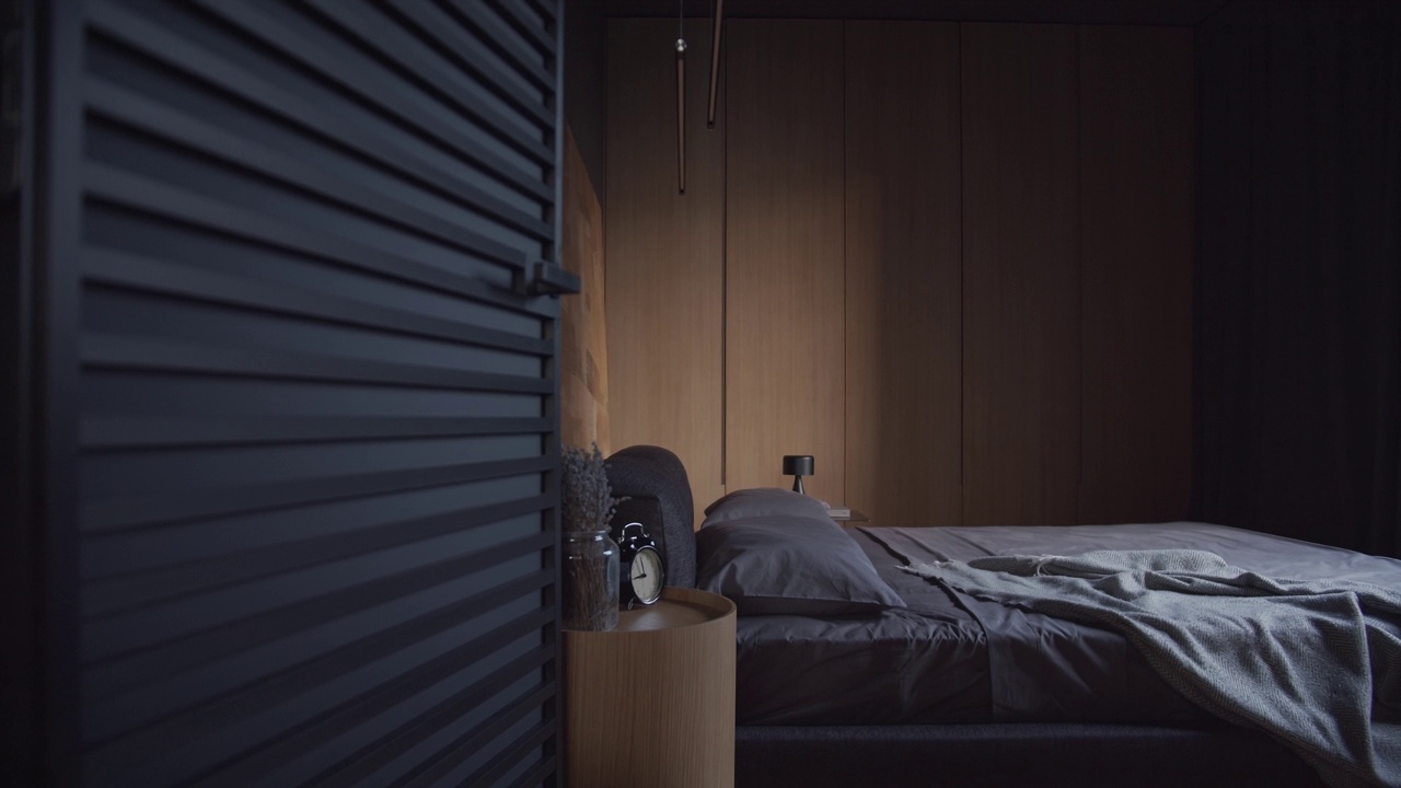 现代极简主义的卧室，黑色和灰色调，大型绘画和木材视频下载