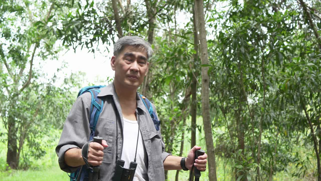 活跃的老年人在森林户外徒步旅行。大自然。视频下载