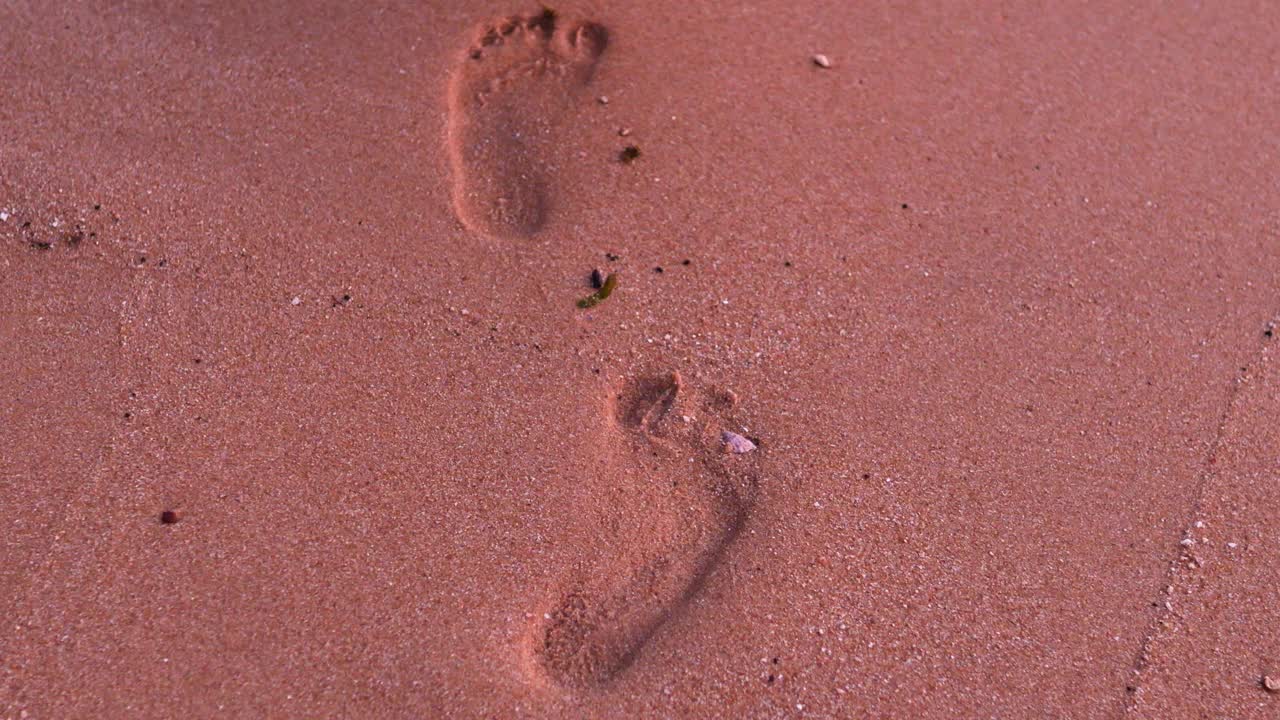 夕阳下粉色沙滩上的脚印。视频下载