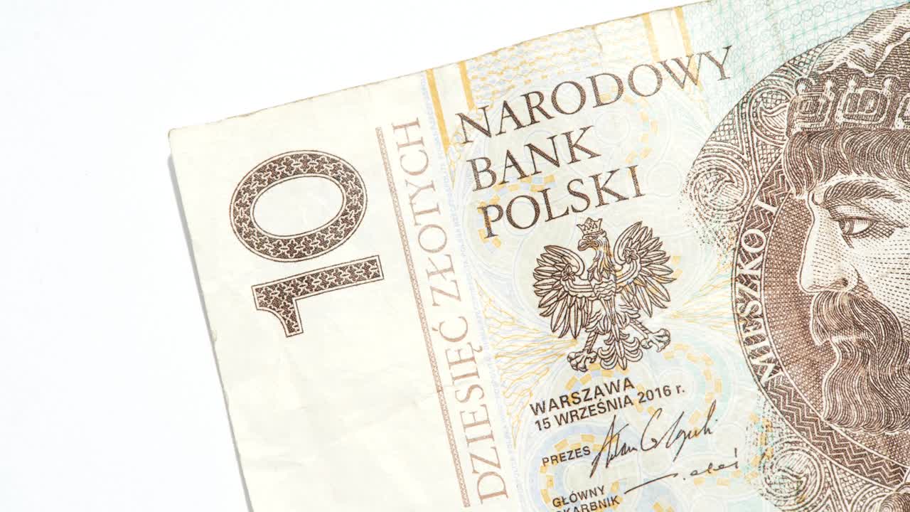 波兰货币，10兹罗提，10兹罗提钞票，纸币，物体宏观，细节，极端特写，没有人。波兰经济，外汇和银行，金融，货币兑换抽象的概念，没有人视频素材