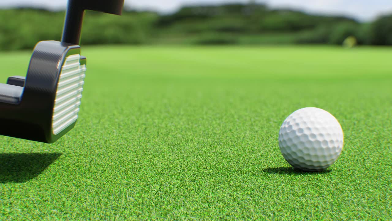 高尔夫球杆推杆击打球在慢动作3d动画柔和特写。球滚出框架。抽象最后击球推杆的插图。高尔夫球场上的绿草。4k运动概念。视频下载